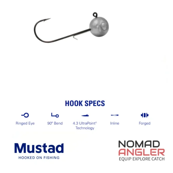 Mustad Ball Jig Head met UltraPoint 4.3 haak en wire keeper. Klassieke loodkop voor soft plastics in diverse gewichten.