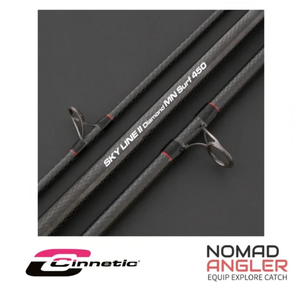 Cinnetic Sky Line II Diamond MN Surf 450 125-250g met 30T carbon, Diamond 45° finish, Fuji guides en 605 g gewicht.