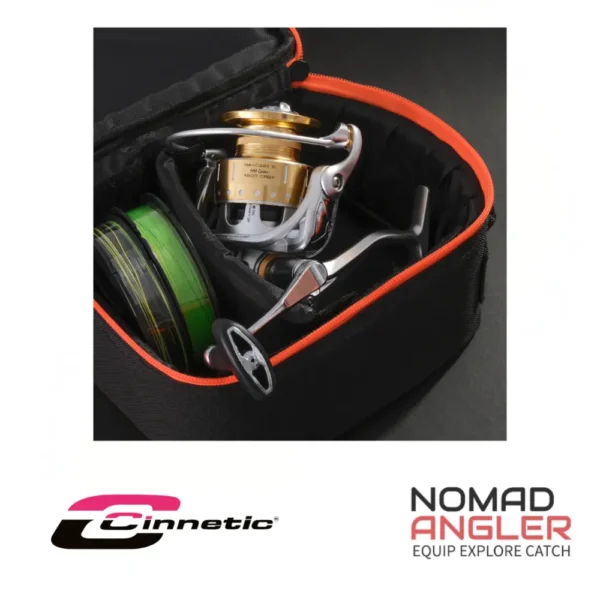Cinnetic Individual Reel Box L voor molens tot maat 7000. Gewatteerde molenbox in Oxford 600D, zwart/oranje, 20 x 16 x 10,5 cm.