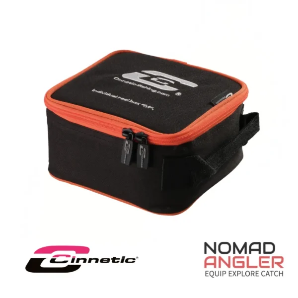 Cinnetic Individual Reel Box L voor molens tot maat 7000. Gewatteerde molenbox in Oxford 600D, zwart/oranje, 20 x 16 x 10,5 cm.